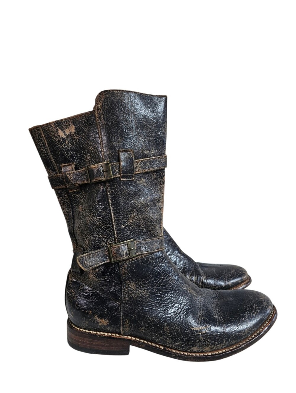 Bed Stu Sandover Mid Calf Heavily Distressed Leather Double Buckle Boot